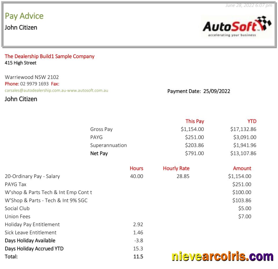 Australia NSW AutoSoft payslip